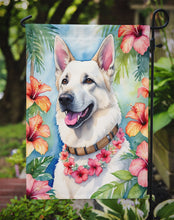 Load image into Gallery viewer, White German Shepherd Luau Garden Flag – Tropical Dog Decor with Hibiscus &amp; Palm Leaves