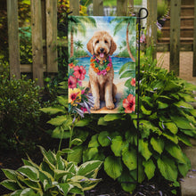 Load image into Gallery viewer, Goldendoodle Luau Garden Flag – Tropical Dog Decor with Hibiscus &amp; Palm Leaves