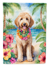 Load image into Gallery viewer, Goldendoodle Luau Garden Flag – Tropical Dog Decor with Hibiscus &amp; Palm Leaves