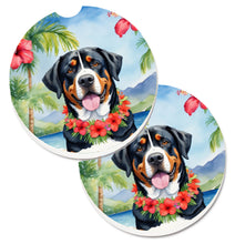 Load image into Gallery viewer, Greater Swiss Mountain Dog Luau Car Coasters – Set of 2 - Absorbent Stone with Fun &amp; Functional Artwork