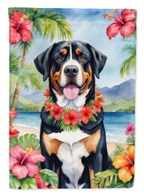 Load image into Gallery viewer, Greater Swiss Mountain Dog Luau Garden Flag – Tropical Dog Decor with Hibiscus &amp; Palm Leaves