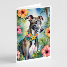 Load image into Gallery viewer, Greyhound Luau Greeting Cards - Blank Note Cards – 8-Pack of Artist-Designed Cards with Envelopes