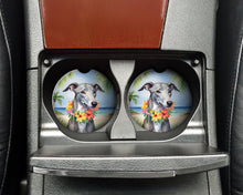 Load image into Gallery viewer, Greyhound Luau Car Coasters – Set of 2 - Absorbent Stone with Fun &amp; Functional Artwork