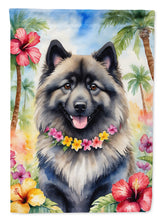 Load image into Gallery viewer, Keeshond Luau Garden Flag – Tropical Dog Decor with Hibiscus &amp; Palm Leaves