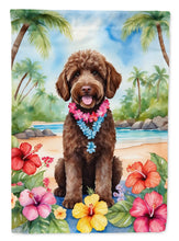 Load image into Gallery viewer, Labradoodle Luau Garden Flag – Tropical Dog Decor with Hibiscus &amp; Palm Leaves