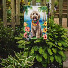Load image into Gallery viewer, Labradoodle Luau Garden Flag – Tropical Dog Decor with Hibiscus &amp; Palm Leaves