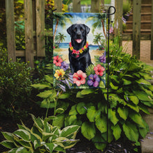 Load image into Gallery viewer, Black Labrador Retriever Luau Garden Flag – Tropical Dog Decor with Hibiscus &amp; Palm Leaves