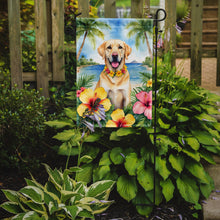 Load image into Gallery viewer, Yellow Labrador Retriever Luau Garden Flag – Tropical Dog Decor with Hibiscus &amp; Palm Leaves