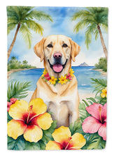 Load image into Gallery viewer, Yellow Labrador Retriever Luau Garden Flag – Tropical Dog Decor with Hibiscus &amp; Palm Leaves