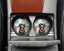 Load image into Gallery viewer, Chocolate Labrador Retriever Luau Car Coasters – Set of 2 - Absorbent Stone with Fun &amp; Functional Artwork