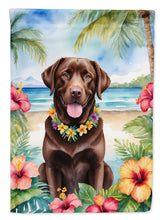 Load image into Gallery viewer, Chocolate Labrador Retriever Luau Garden Flag – Tropical Dog Decor with Hibiscus &amp; Palm Leaves