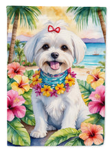 Load image into Gallery viewer, Maltese Luau Garden Flag – Tropical Dog Decor with Hibiscus &amp; Palm Leaves