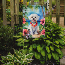 Load image into Gallery viewer, Maltese Luau Garden Flag – Tropical Dog Decor with Hibiscus &amp; Palm Leaves