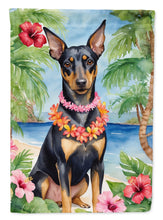 Load image into Gallery viewer, Manchester Terrier Luau Garden Flag – Tropical Dog Decor with Hibiscus &amp; Palm Leaves