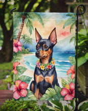 Load image into Gallery viewer, Miniature Pinscher Luau Garden Flag – Tropical Dog Decor with Hibiscus &amp; Palm Leaves