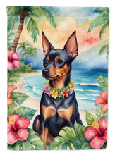 Load image into Gallery viewer, Miniature Pinscher Luau Garden Flag – Tropical Dog Decor with Hibiscus &amp; Palm Leaves