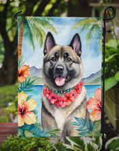 Load image into Gallery viewer, Norwegian Elkhound Luau Garden Flag – Tropical Dog Decor with Hibiscus &amp; Palm Leaves