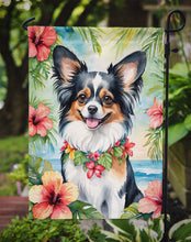 Load image into Gallery viewer, Papillon Luau Garden Flag – Tropical Dog Decor with Hibiscus &amp; Palm Leaves