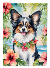 Load image into Gallery viewer, Papillon Luau Garden Flag – Tropical Dog Decor with Hibiscus &amp; Palm Leaves