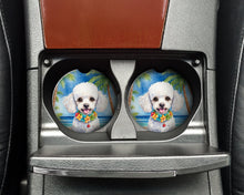 Load image into Gallery viewer, White Poodle Luau Car Coasters – Set of 2 - Absorbent Stone with Fun &amp; Functional Artwork