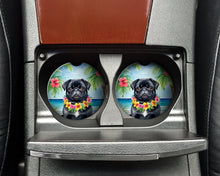 Load image into Gallery viewer, Black Pug Luau Car Coasters – Set of 2 - Absorbent Stone with Fun &amp; Functional Artwork