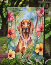 Load image into Gallery viewer, Redbone Coonhound Luau Garden Flag – Tropical Dog Decor with Hibiscus &amp; Palm Leaves