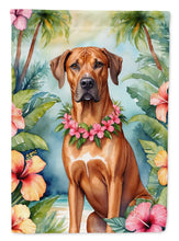 Load image into Gallery viewer, Rhodesian Ridgeback Luau Garden Flag – Tropical Dog Decor with Hibiscus &amp; Palm Leaves