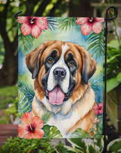 Load image into Gallery viewer, Saint Bernard Luau Garden Flag – Tropical Dog Decor with Hibiscus &amp; Palm Leaves