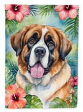 Load image into Gallery viewer, Saint Bernard Luau Garden Flag – Tropical Dog Decor with Hibiscus &amp; Palm Leaves