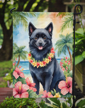 Load image into Gallery viewer, Schipperke Luau Garden Flag – Tropical Dog Decor with Hibiscus &amp; Palm Leaves