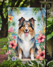 Load image into Gallery viewer, Sheltie Luau Garden Flag – Tropical Dog Decor with Hibiscus &amp; Palm Leaves