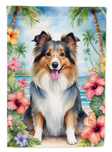 Load image into Gallery viewer, Sheltie Luau Garden Flag – Tropical Dog Decor with Hibiscus &amp; Palm Leaves