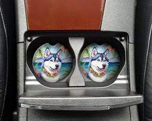 Load image into Gallery viewer, Siberian Husky Luau Car Coasters – Set of 2 - Absorbent Stone with Fun &amp; Functional Artwork