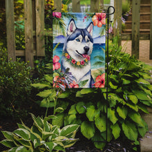 Load image into Gallery viewer, Siberian Husky Luau Garden Flag – Tropical Dog Decor with Hibiscus &amp; Palm Leaves