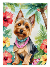 Load image into Gallery viewer, Silky Terrier Luau Garden Flag – Tropical Dog Decor with Hibiscus &amp; Palm Leaves