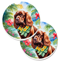 Load image into Gallery viewer, Sussex Spaniel Luau Car Coasters – Set of 2 - Absorbent Stone with Fun &amp; Functional Artwork