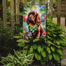 Load image into Gallery viewer, Sussex Spaniel Luau Garden Flag – Tropical Dog Decor with Hibiscus &amp; Palm Leaves