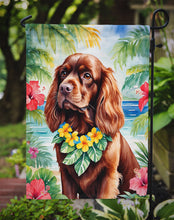 Load image into Gallery viewer, Sussex Spaniel Luau Garden Flag – Tropical Dog Decor with Hibiscus &amp; Palm Leaves