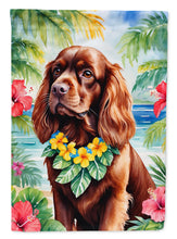 Load image into Gallery viewer, Sussex Spaniel Luau Garden Flag – Tropical Dog Decor with Hibiscus &amp; Palm Leaves