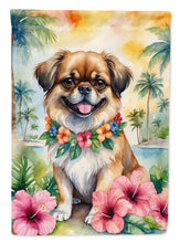 Load image into Gallery viewer, Tibetan Spaniel Luau Garden Flag – Tropical Dog Decor with Hibiscus &amp; Palm Leaves