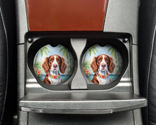 Load image into Gallery viewer, Welsh Springer Spaniel Luau Car Coasters – Set of 2 - Absorbent Stone with Fun &amp; Functional Artwork
