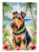 Load image into Gallery viewer, Welsh Terrier Luau Garden Flag – Tropical Dog Decor with Hibiscus &amp; Palm Leaves