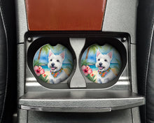 Load image into Gallery viewer, Westie Luau Car Coasters – Set of 2 - Absorbent Stone with Fun &amp; Functional Artwork