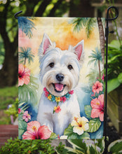 Load image into Gallery viewer, Westie Luau Garden Flag – Tropical Dog Decor with Hibiscus &amp; Palm Leaves
