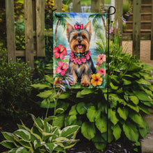 Load image into Gallery viewer, Yorkshire Terrier Luau Garden Flag – Tropical Dog Decor with Hibiscus &amp; Palm Leaves