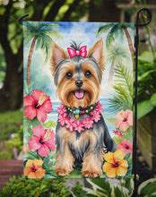 Load image into Gallery viewer, Yorkshire Terrier Luau Garden Flag – Tropical Dog Decor with Hibiscus &amp; Palm Leaves