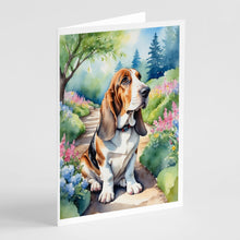Load image into Gallery viewer, Basset Hound Spring Garden Greeting Cards - Blank Note Cards – 8-Pack of Artist-Designed Cards with Envelopes