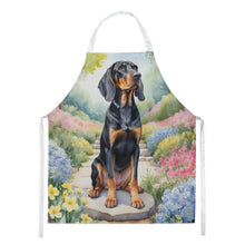 Load image into Gallery viewer, Black and Tan Coonhound Spring Path Apron – Artist-Designed Kitchen, BBQ &amp; Craft Apron