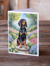 Load image into Gallery viewer, Black and Tan Coonhound Spring Path Greeting Cards - Blank Note Cards – 8-Pack of Artist-Designed Cards with Envelopes