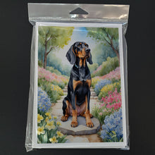 Load image into Gallery viewer, Black and Tan Coonhound Spring Path Greeting Cards - Blank Note Cards – 8-Pack of Artist-Designed Cards with Envelopes